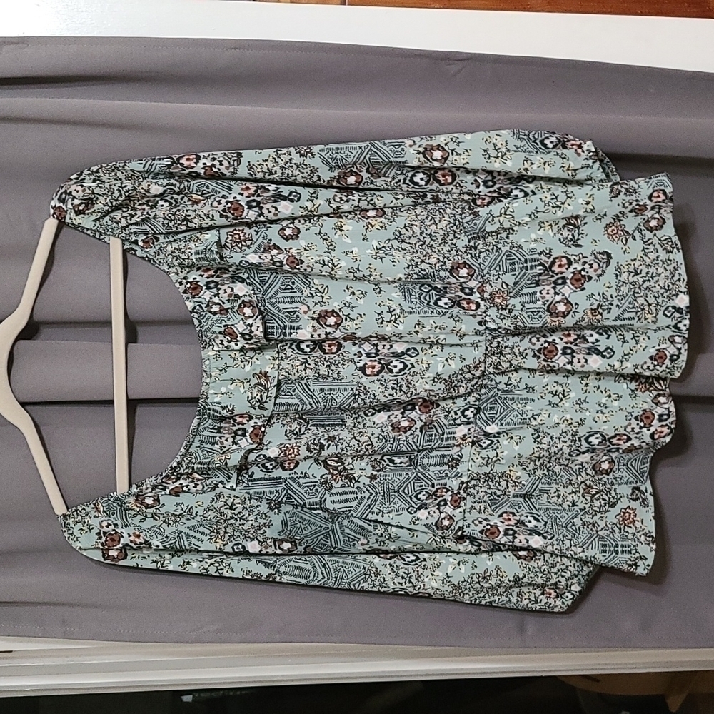 Maurices BoHo Elastic Scoop Neck Ruffle Lt.Teal/Brown Floral Gauzy Sz XXL EUC
